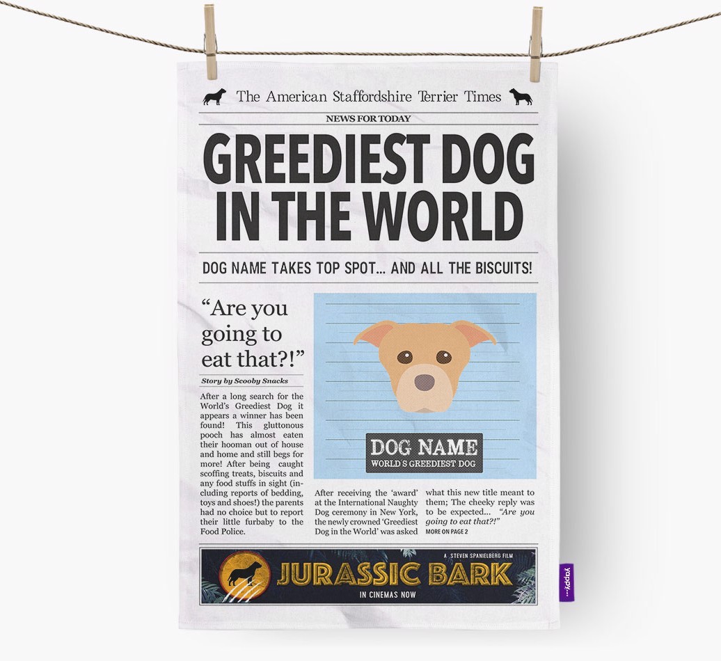 The {breedShortName} Times 'Greediest Dog In The World' Personalised Tea Towel