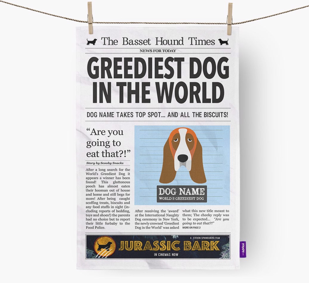 The {breedShortName} Times 'Greediest Dog In The World' Personalised Tea Towel