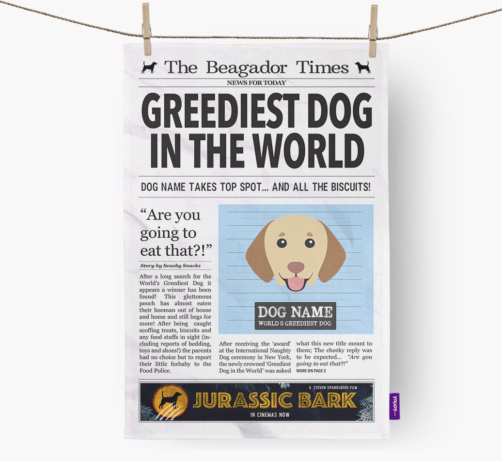 The {breedShortName} Times 'Greediest Dog In The World' Personalised Tea Towel