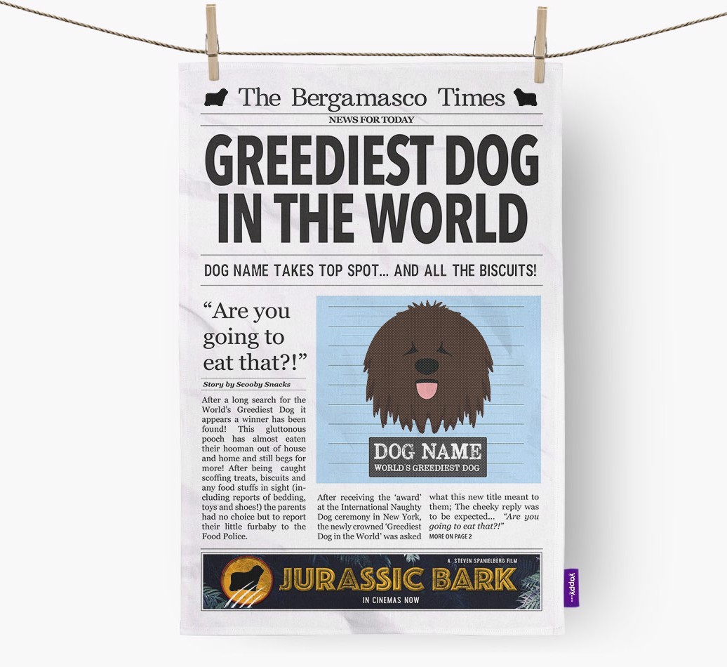 The {breedShortName} Times 'Greediest Dog In The World' Personalised Tea Towel