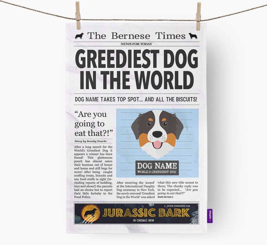 The {breedShortName} Times 'Greediest Dog In The World' Personalised Tea Towel