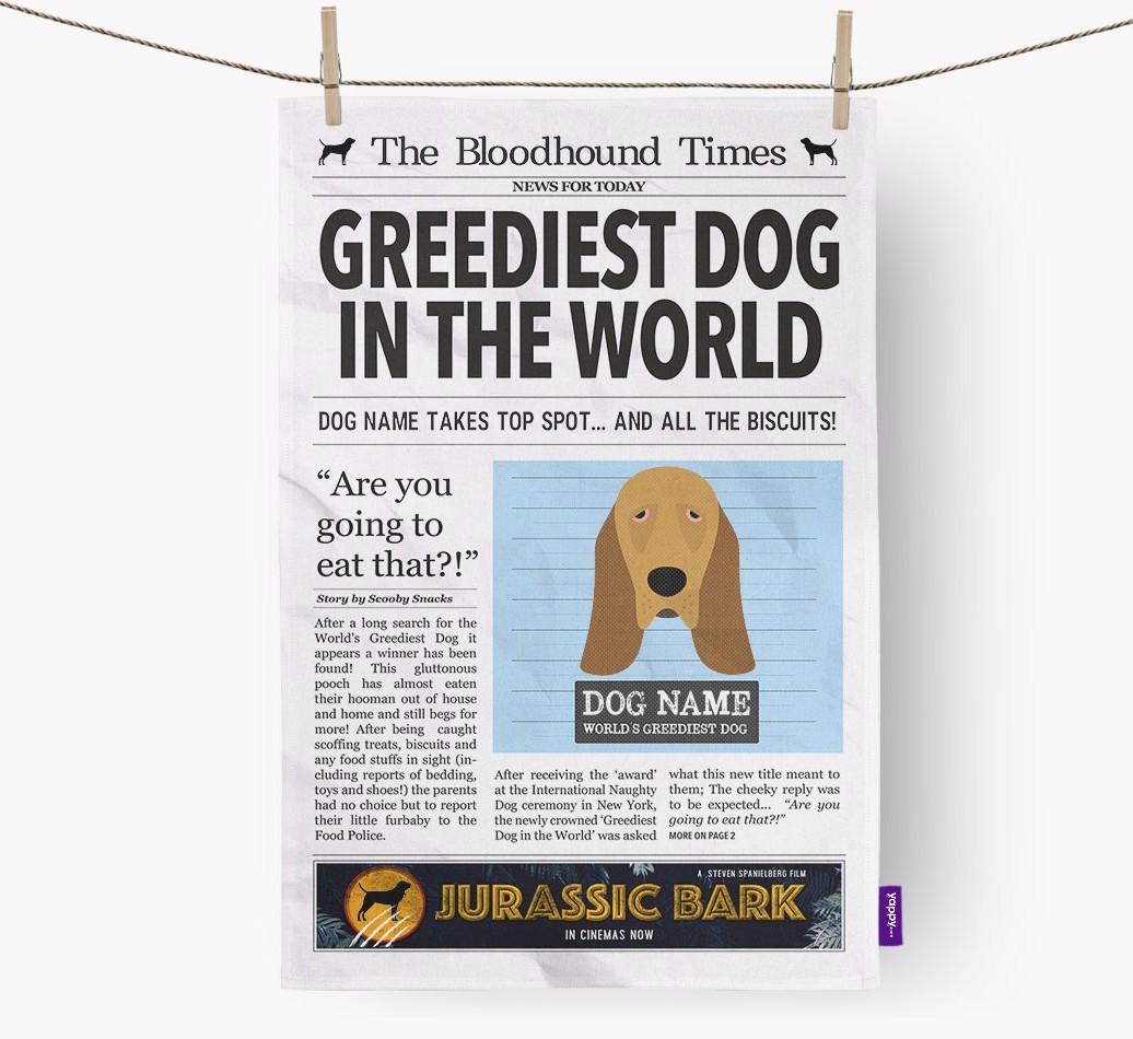 The {breedShortName} Times 'Greediest Dog In The World' Personalised Tea Towel
