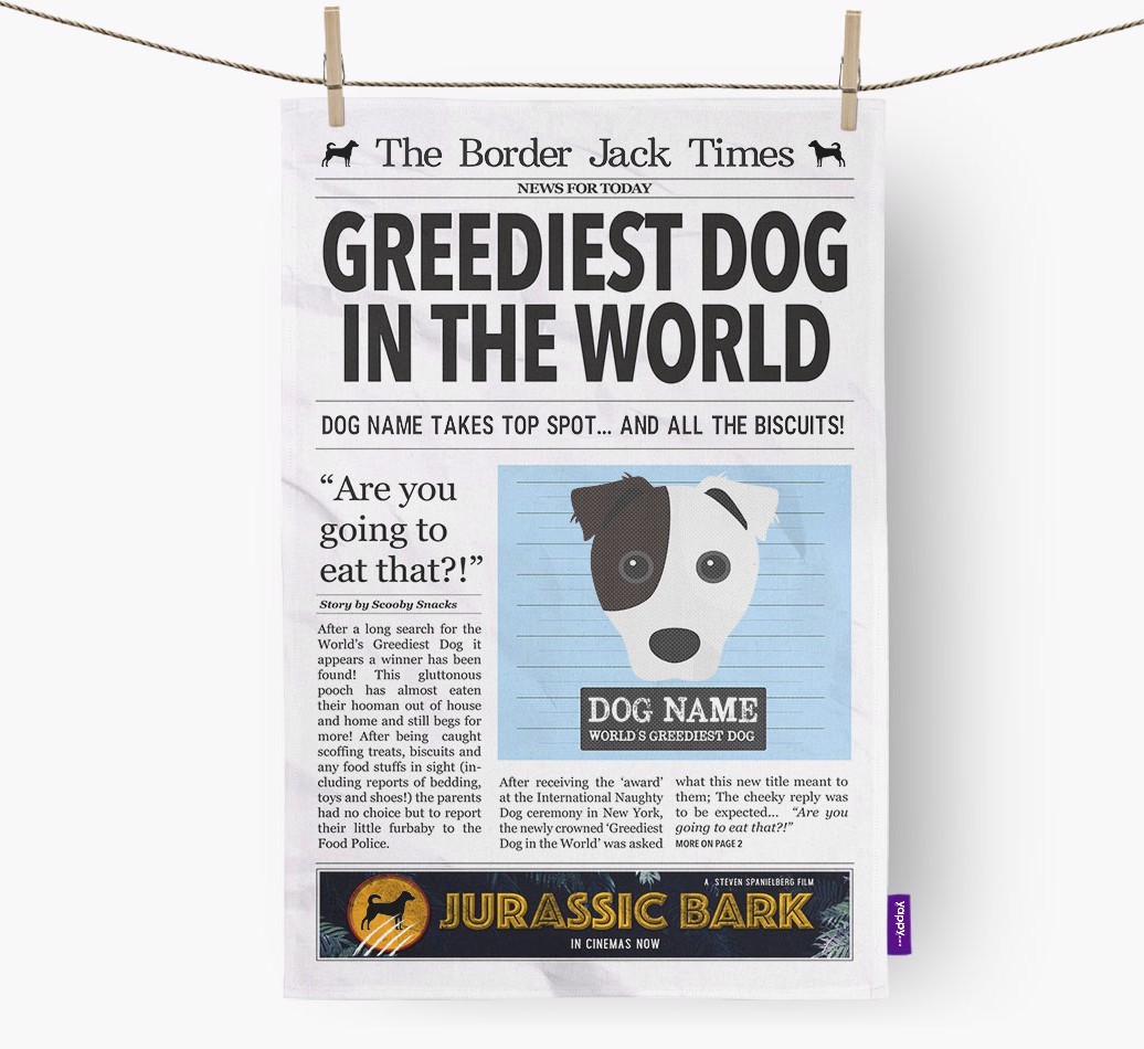 The {breedShortName} Times 'Greediest Dog In The World' Personalised Tea Towel