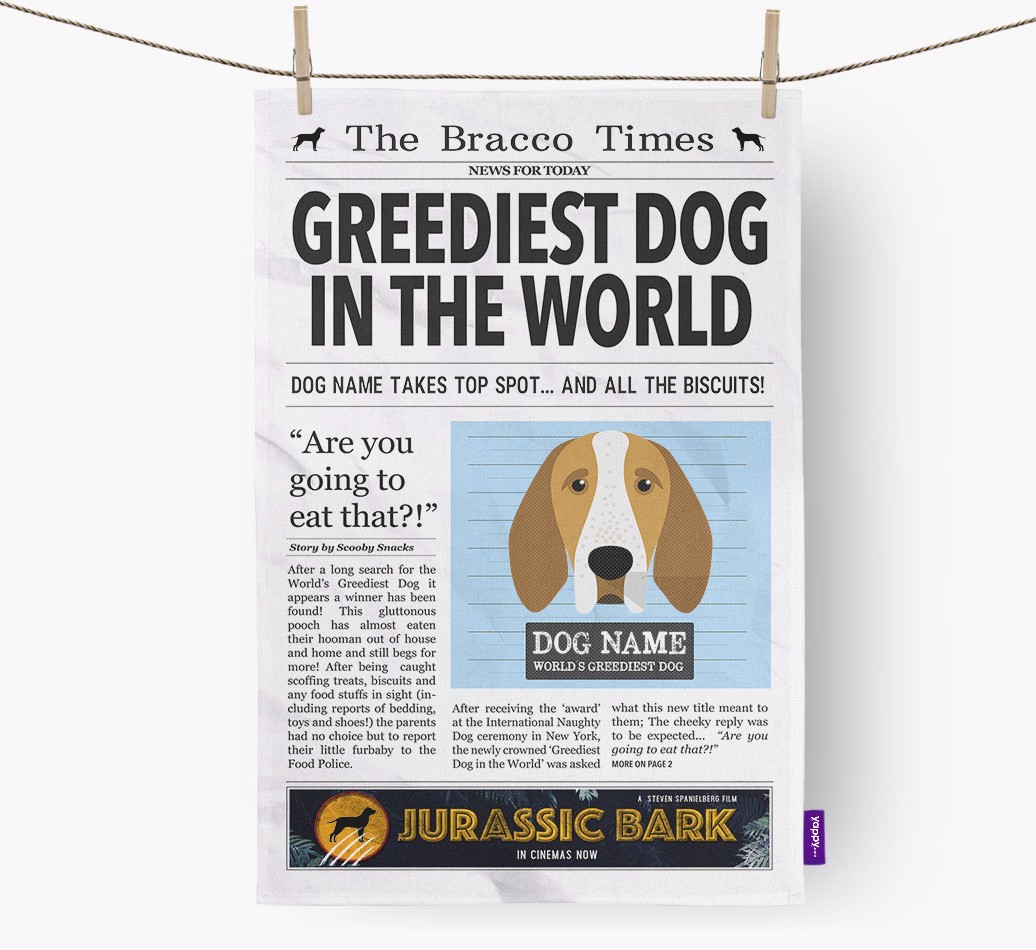 The {breedShortName} Times 'Greediest Dog In The World' Personalised Tea Towel