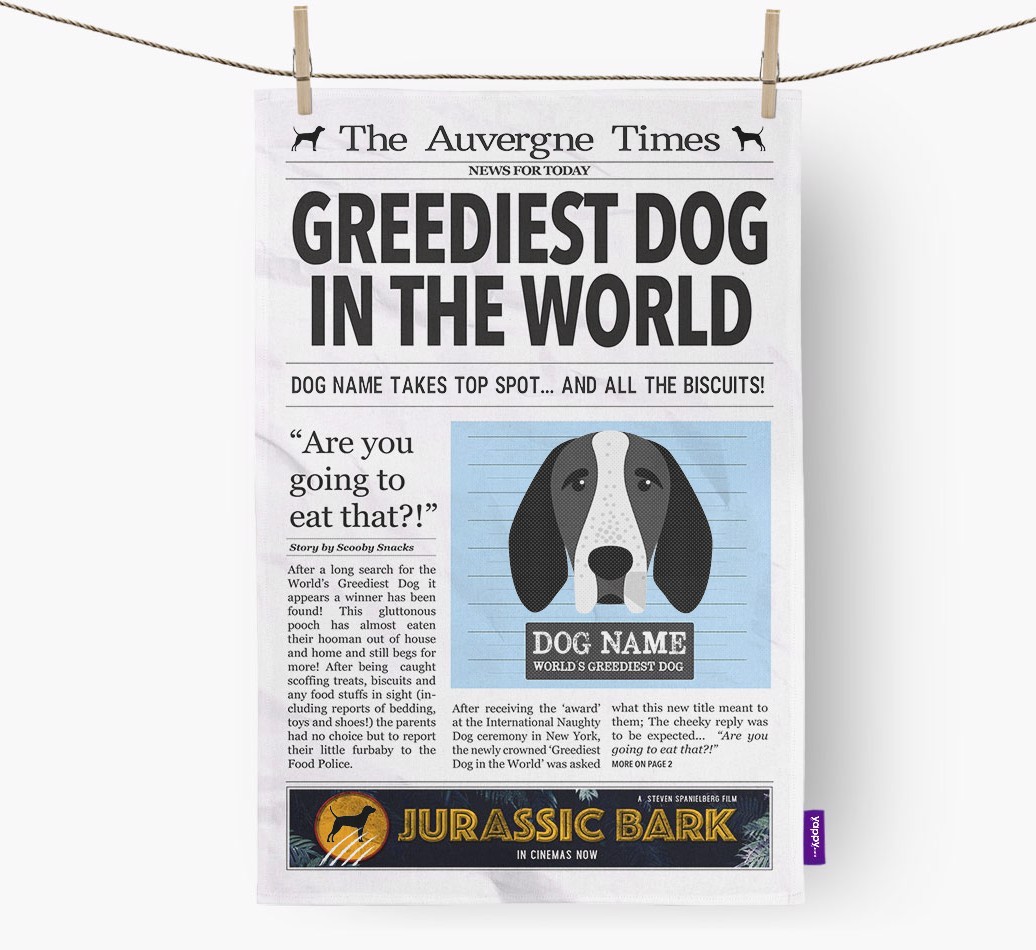 The {breedShortName} Times 'Greediest Dog In The World' Personalised Tea Towel