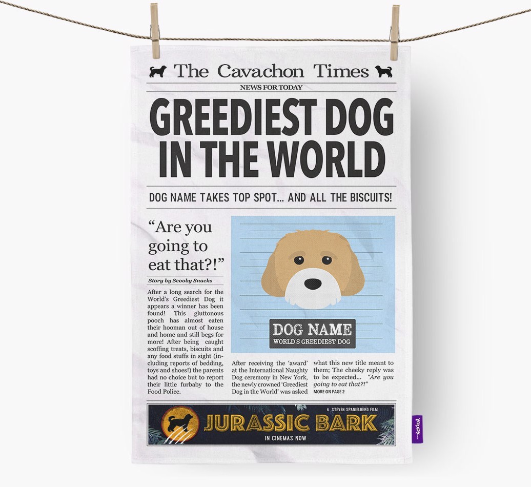 The {breedShortName} Times 'Greediest Dog In The World' Personalised Tea Towel