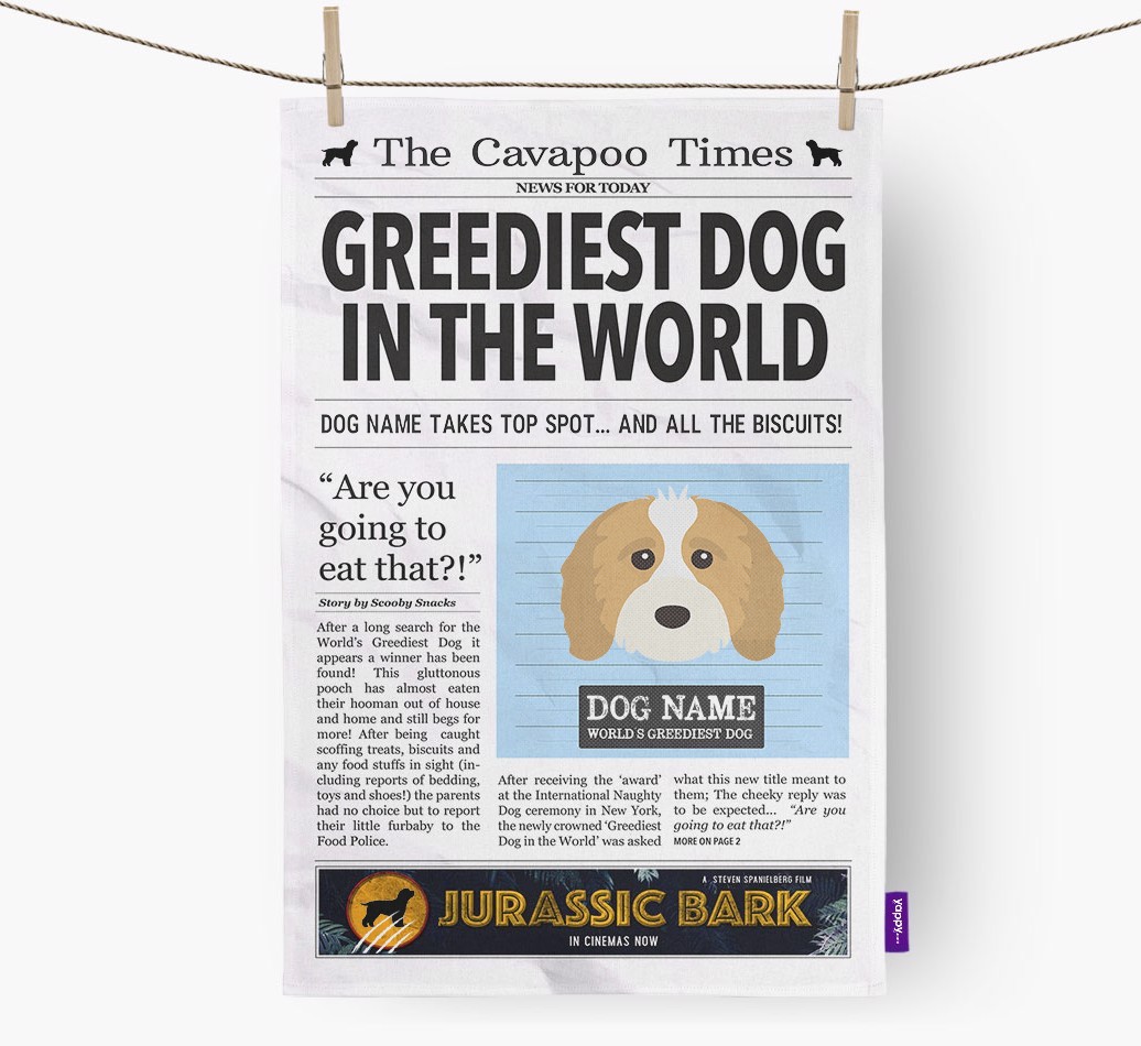 The {breedShortName} Times 'Greediest Dog In The World' Personalised Tea Towel