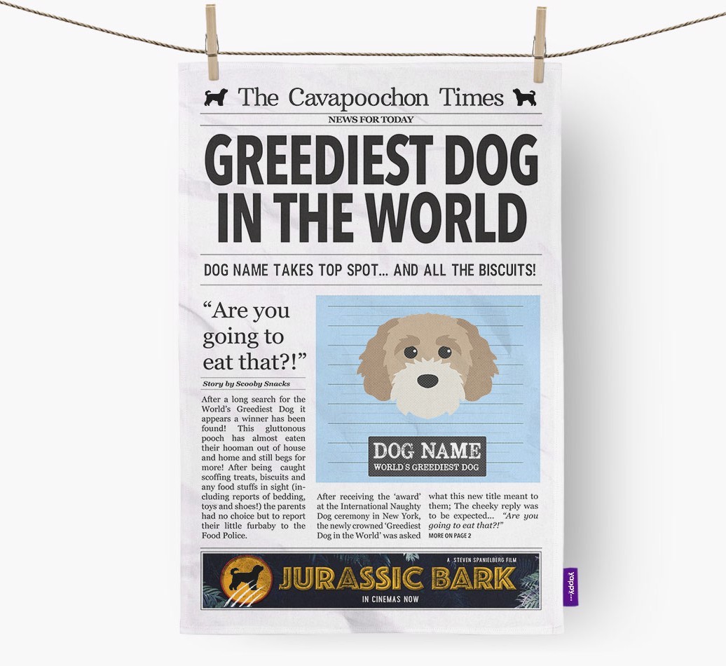 The {breedShortName} Times 'Greediest Dog In The World' Personalised Tea Towel