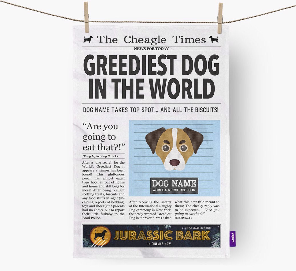 The {breedShortName} Times 'Greediest Dog In The World' Personalised Tea Towel