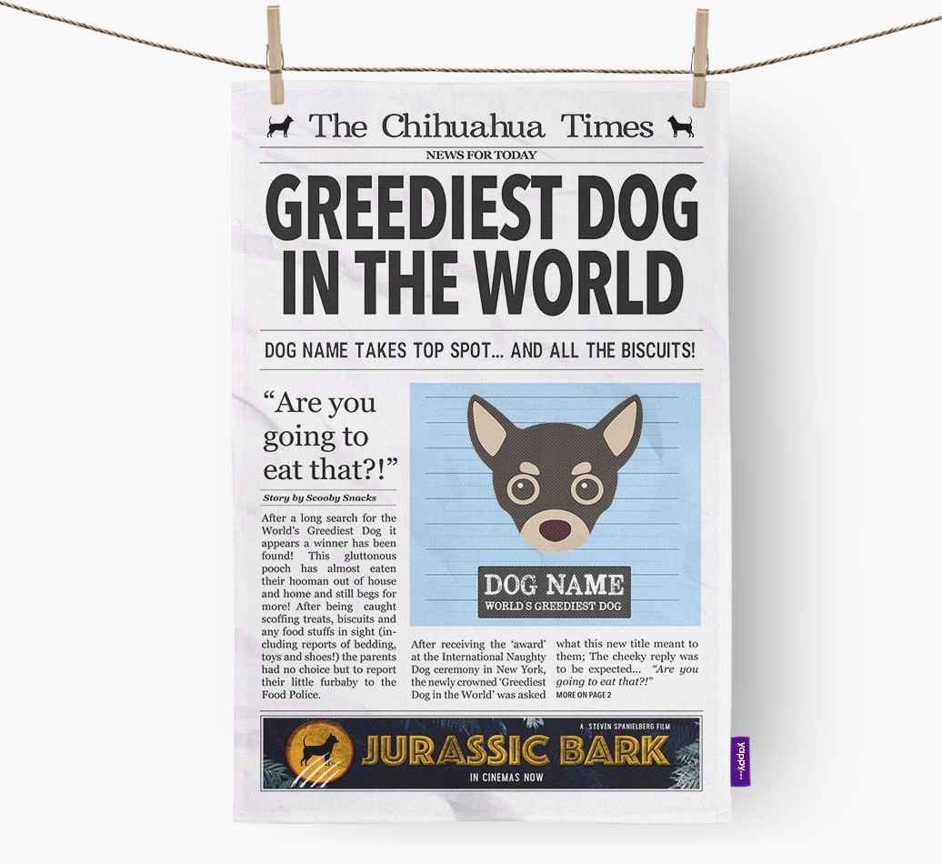 The {breedShortName} Times 'Greediest Dog In The World' Personalised Dish Towel