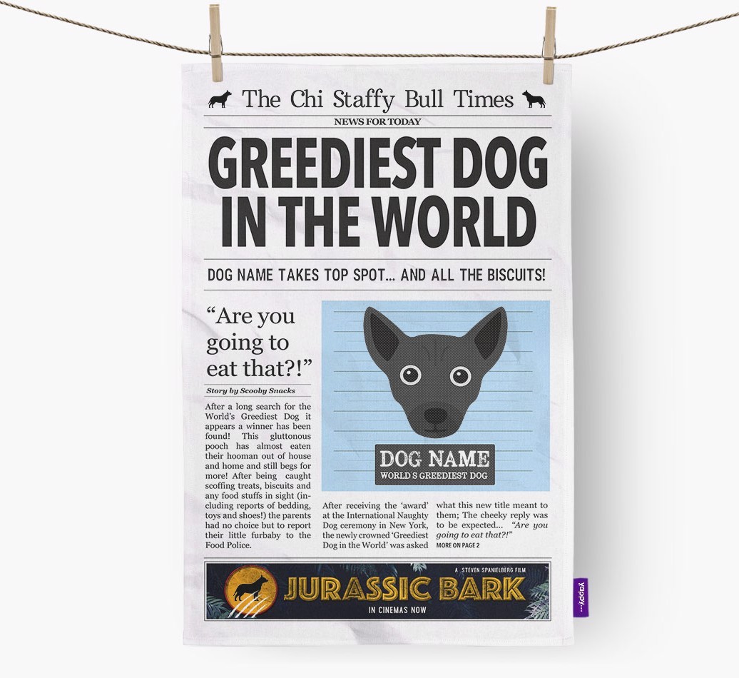 The {breedShortName} Times 'Greediest Dog In The World' Personalised Tea Towel