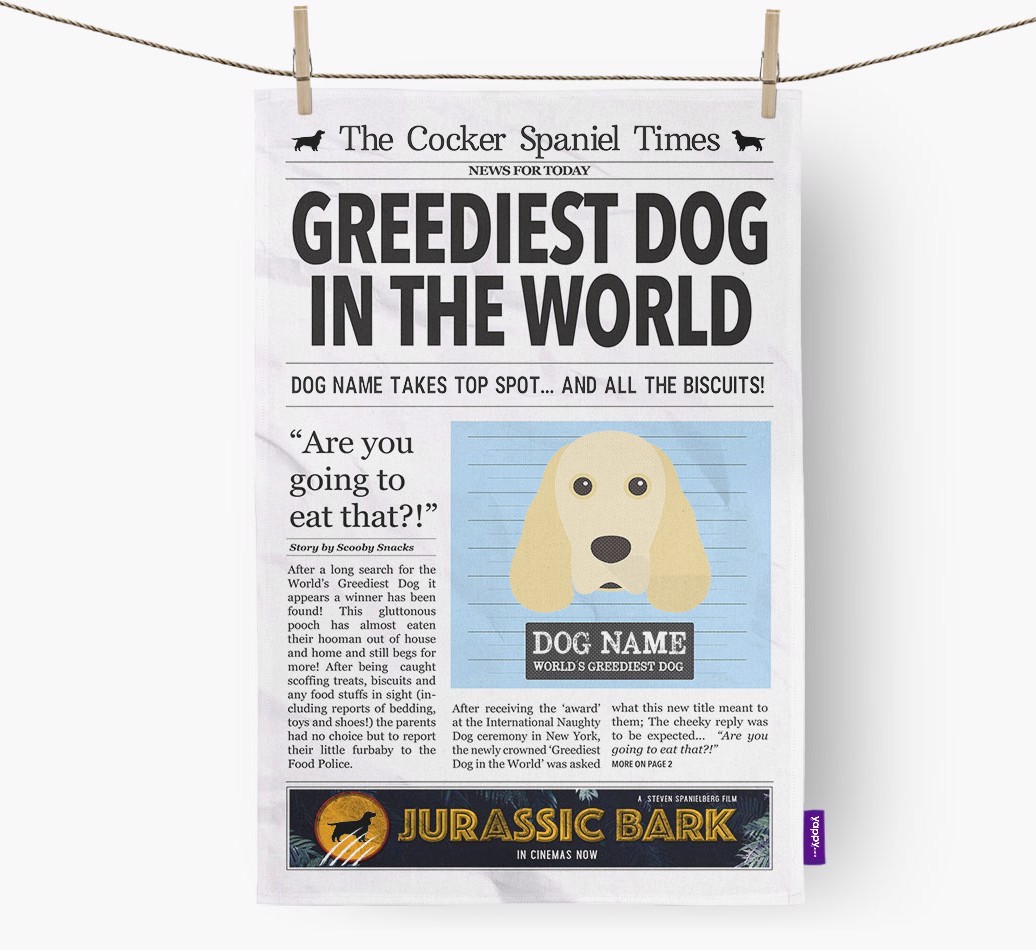 The {breedShortName} Times 'Greediest Dog In The World' Personalised Tea Towel