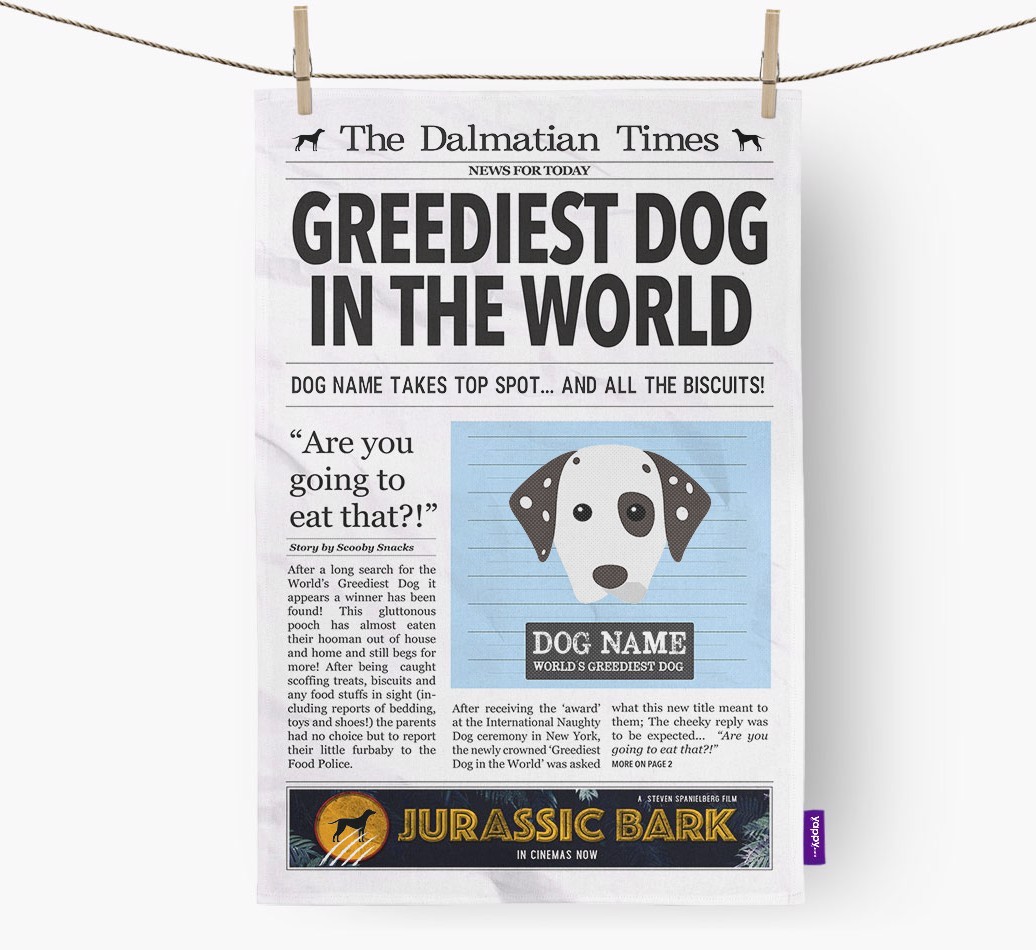 The {breedShortName} Times 'Greediest Dog In The World' Personalised Tea Towel