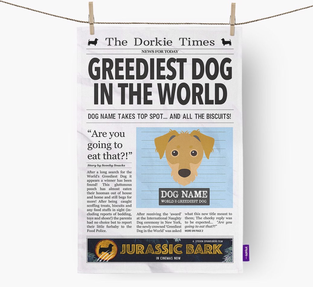 The {breedShortName} Times 'Greediest Dog In The World' Personalised Tea Towel