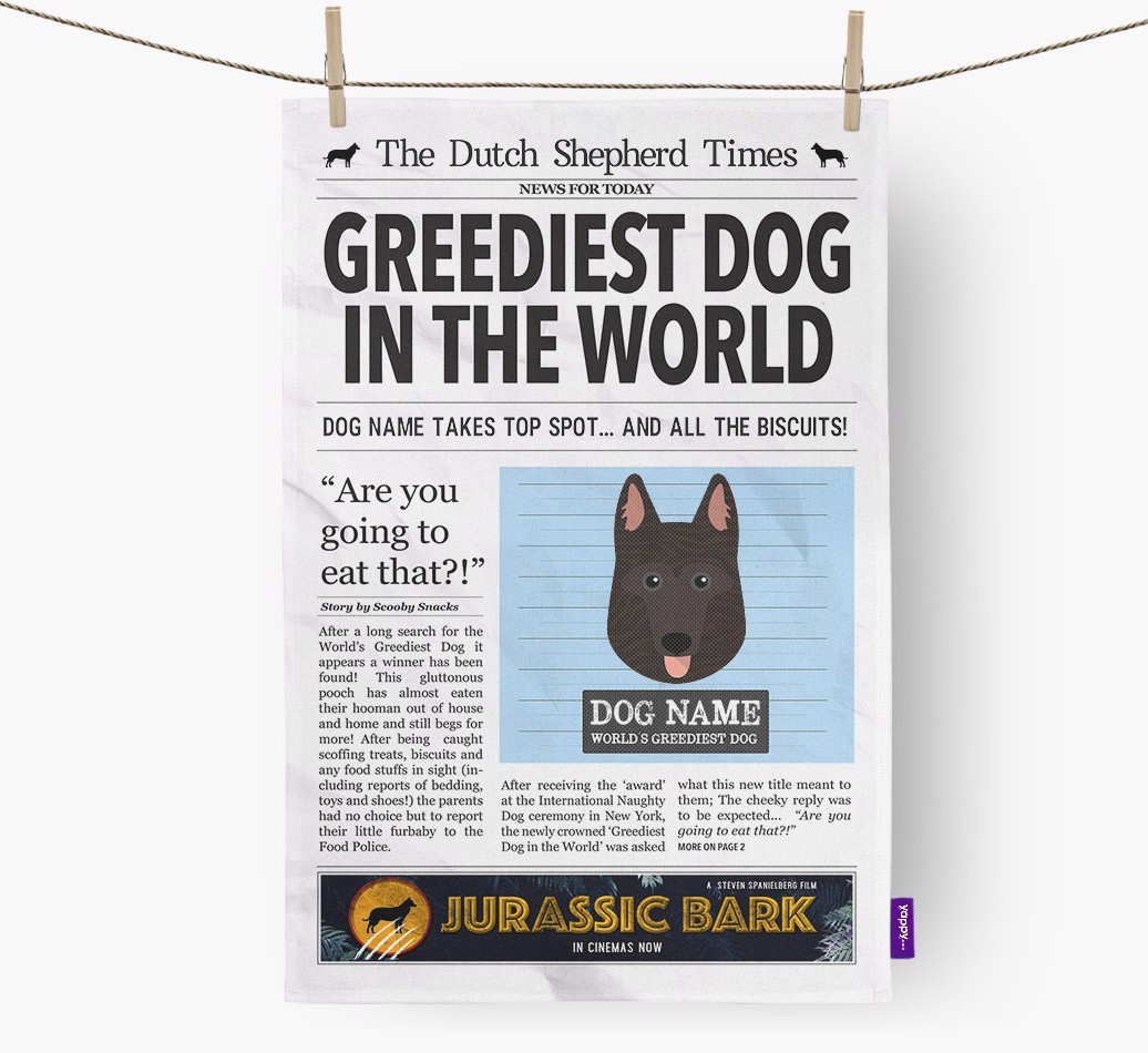 The {breedShortName} Times 'Greediest Dog In The World' Personalised Tea Towel