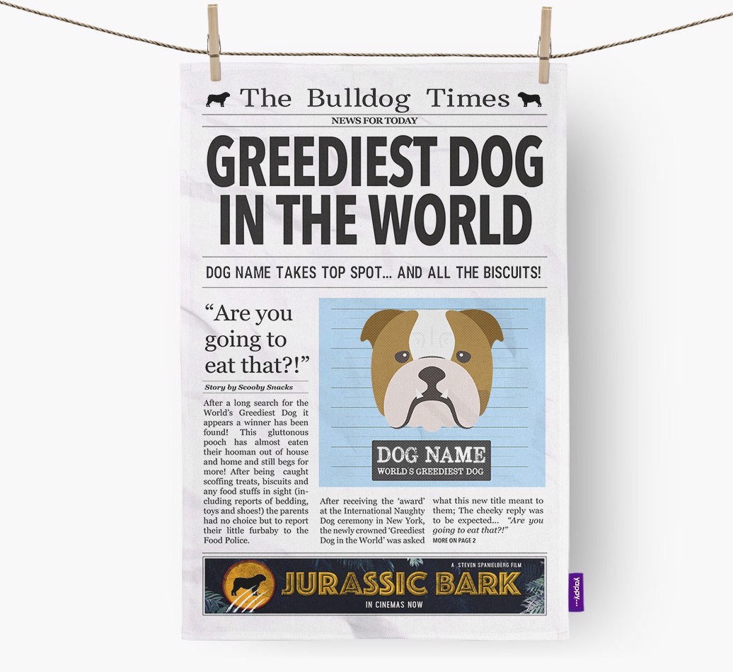 The {breedShortName} Times 'Greediest Dog In The World' Personalised Tea Towel