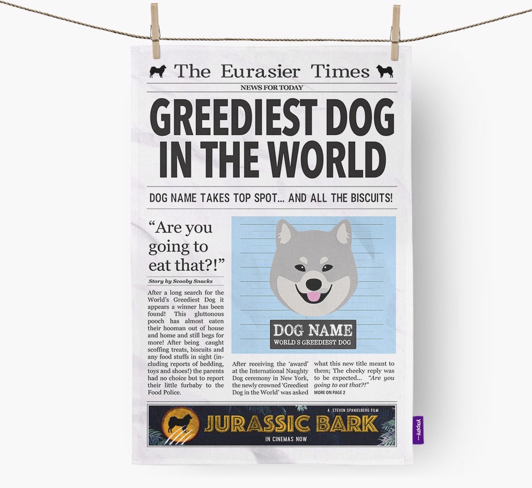 The {breedShortName} Times 'Greediest Dog In The World' Personalised Tea Towel