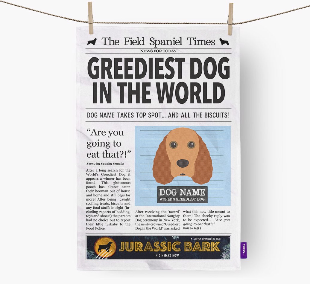 The {breedShortName} Times 'Greediest Dog In The World' Personalised Tea Towel
