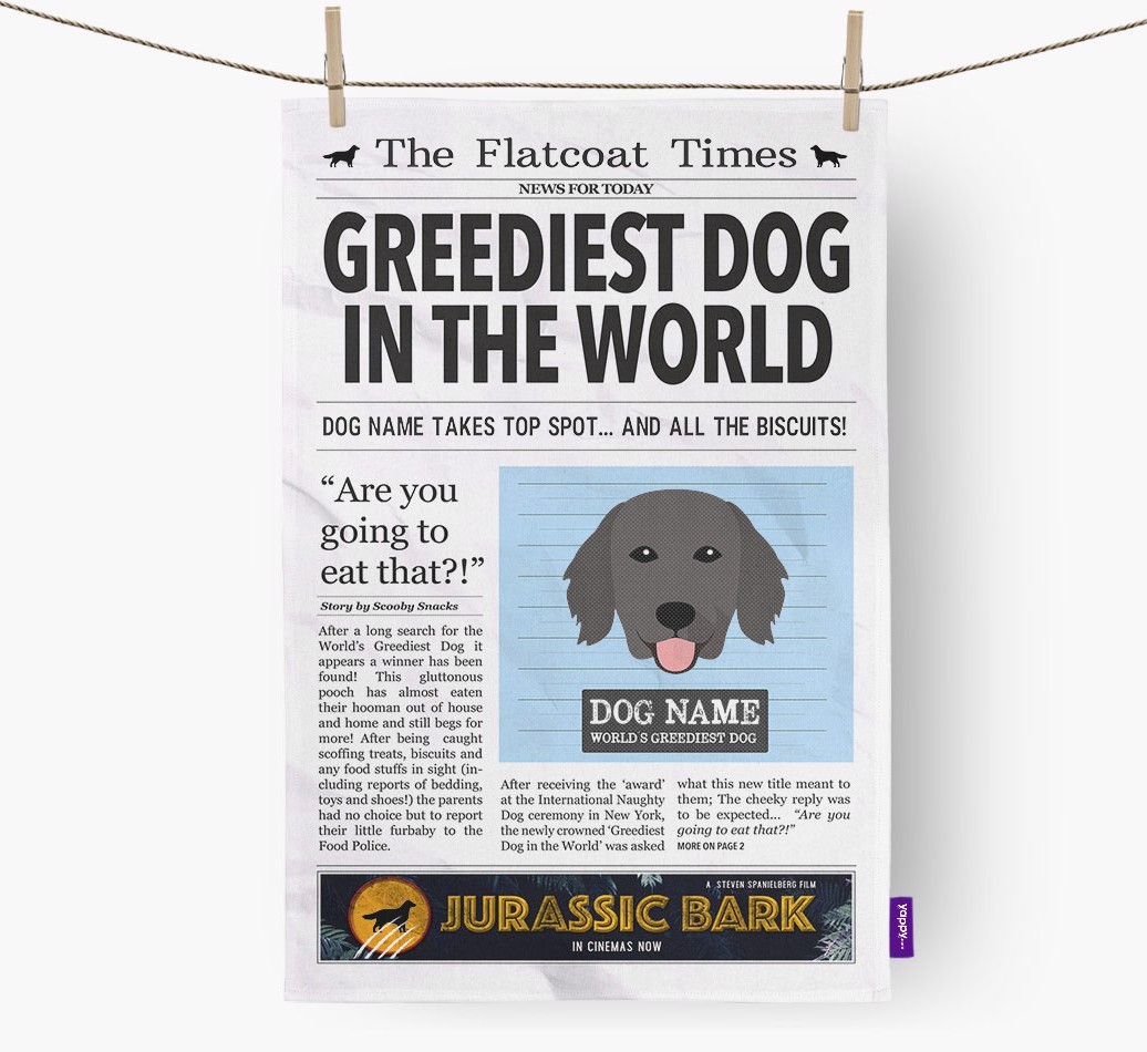 The {breedShortName} Times 'Greediest Dog In The World' Personalised Tea Towel
