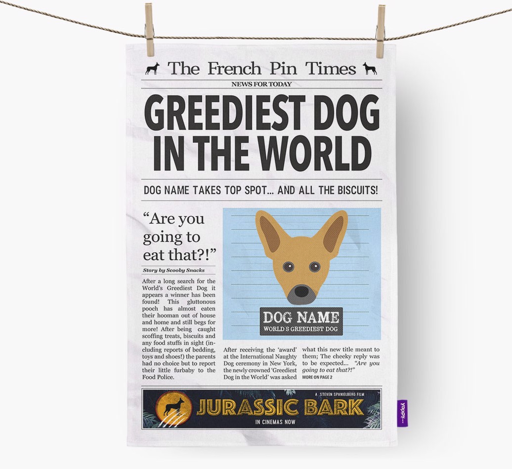 The {breedShortName} Times 'Greediest Dog In The World' Personalised Tea Towel