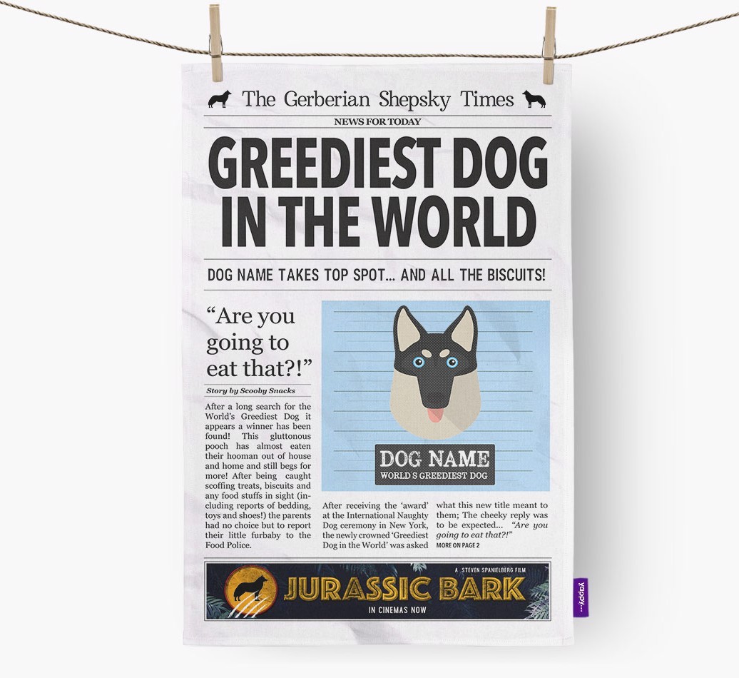 The {breedShortName} Times 'Greediest Dog In The World' Personalised Tea Towel