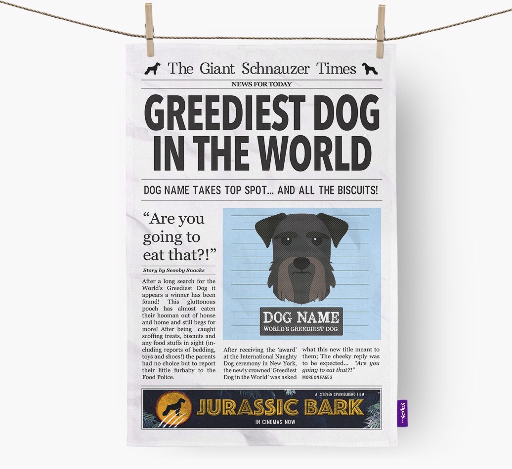 The {breedShortName} Times 'Greediest Dog In The World' Personalised Tea Towel