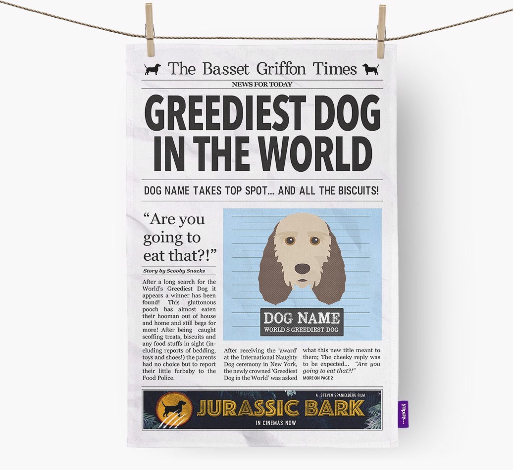 The {breedShortName} Times 'Greediest Dog In The World' Personalised Tea Towel