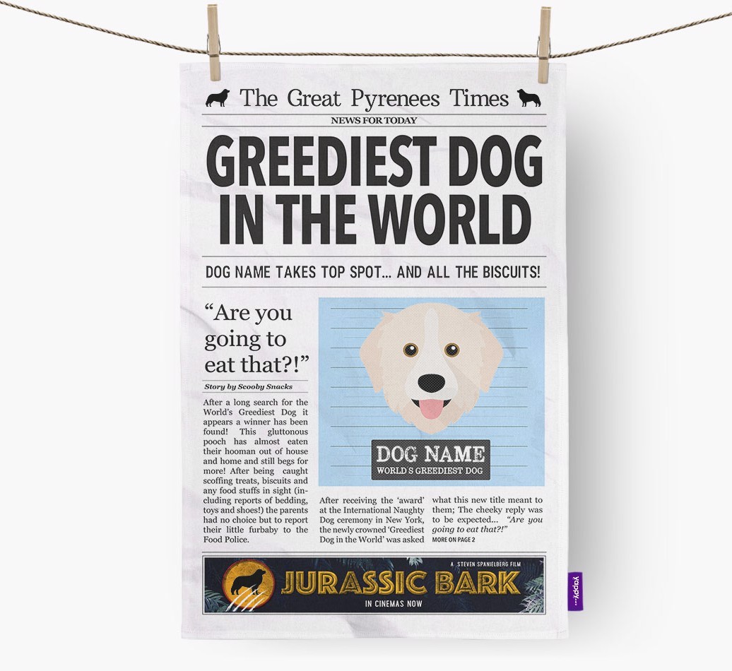 The {breedShortName} Times 'Greediest Dog In The World' Personalised Tea Towel