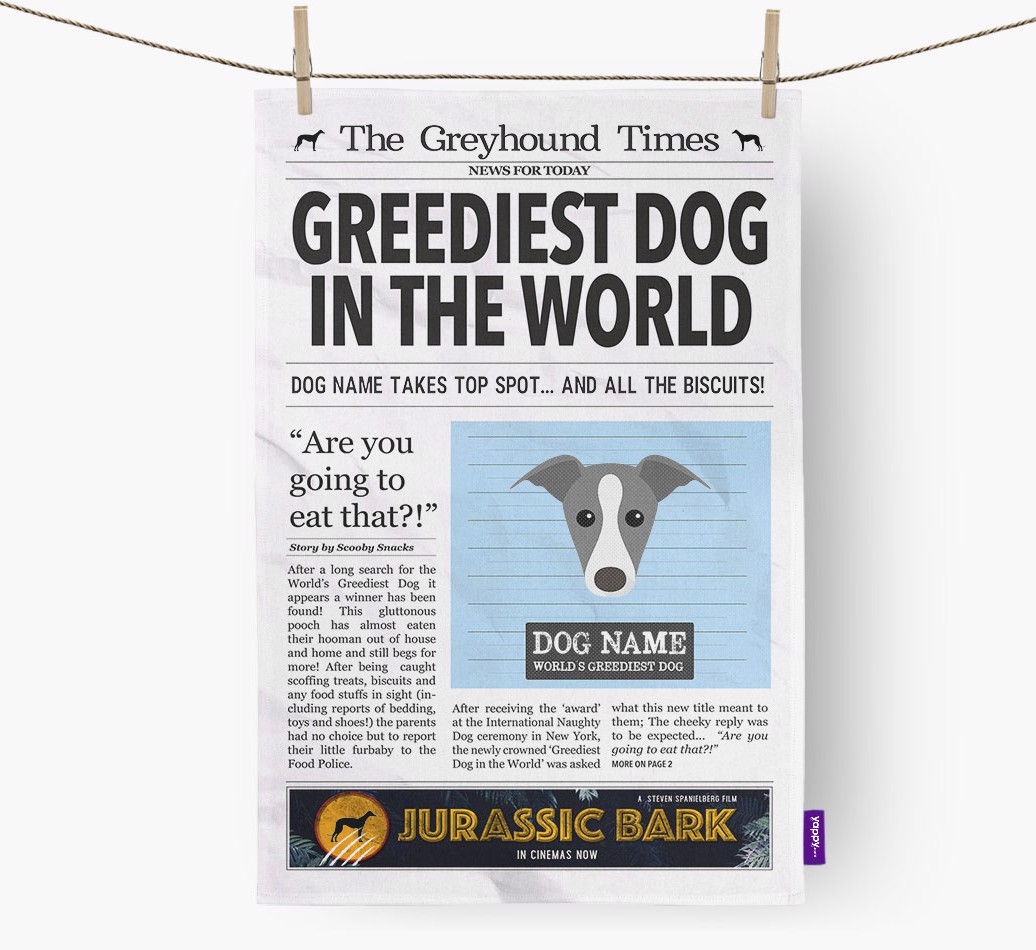 The {breedShortName} Times 'Greediest Dog In The World' Personalised Tea Towel