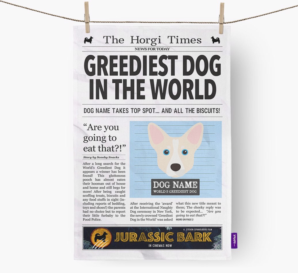 The {breedShortName} Times 'Greediest Dog In The World' Personalised Tea Towel