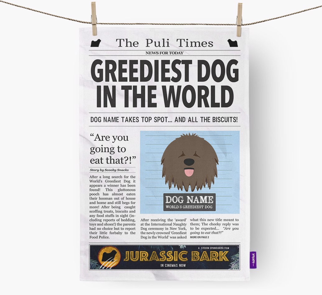 The {breedShortName} Times 'Greediest Dog In The World' Personalised Tea Towel