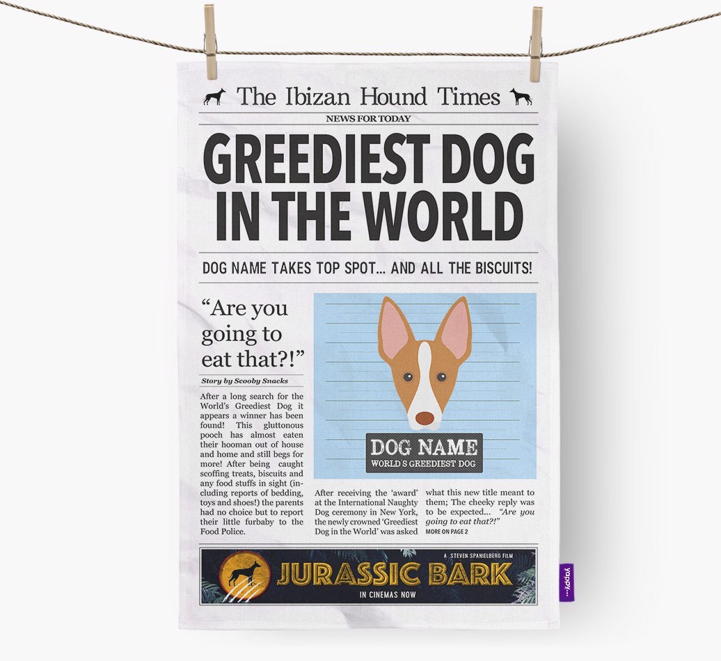 The {breedShortName} Times 'Greediest Dog In The World' Personalised Tea Towel
