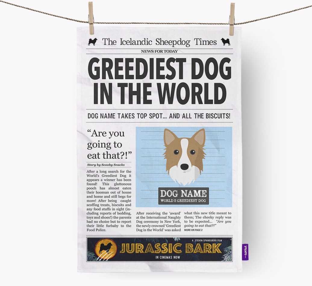 The {breedShortName} Times 'Greediest Dog In The World' Personalised Tea Towel
