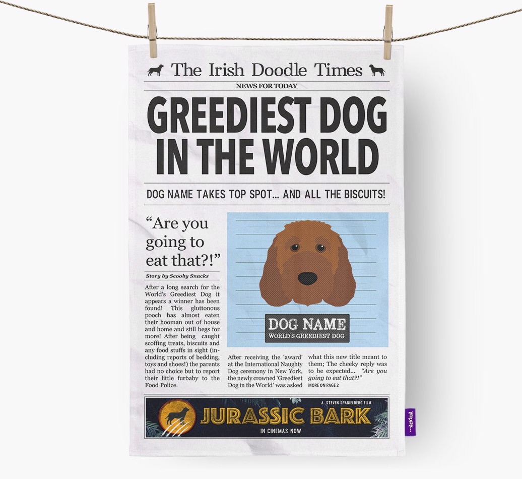 The {breedShortName} Times 'Greediest Dog In The World' Personalised Tea Towel