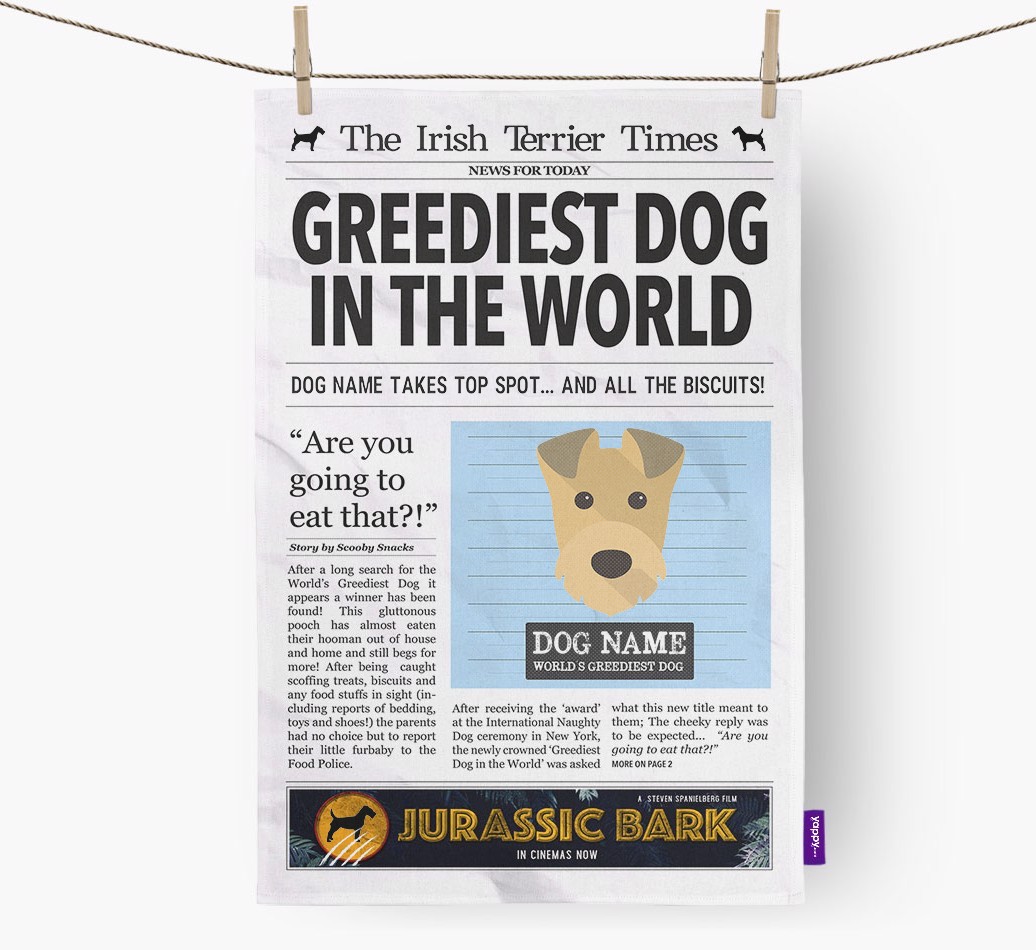 The {breedShortName} Times 'Greediest Dog In The World' Personalised Tea Towel