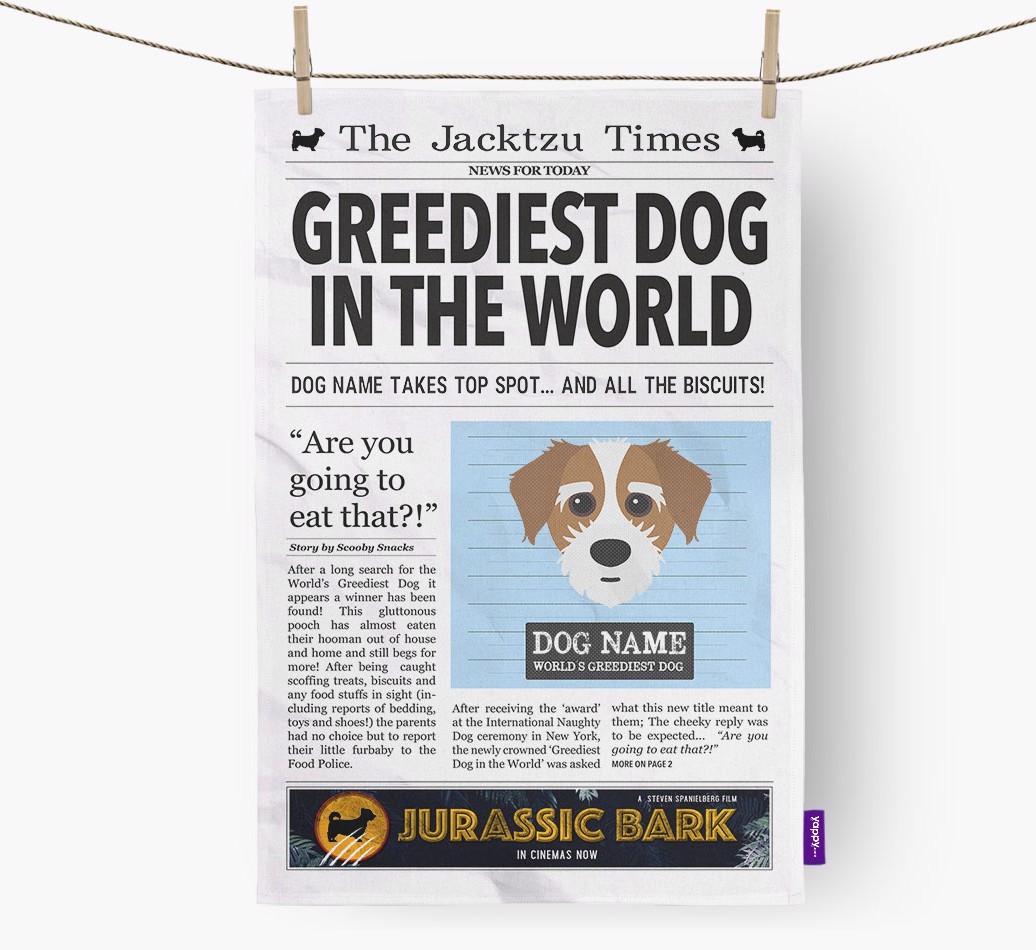 The {breedShortName} Times 'Greediest Dog In The World' Personalised Tea Towel