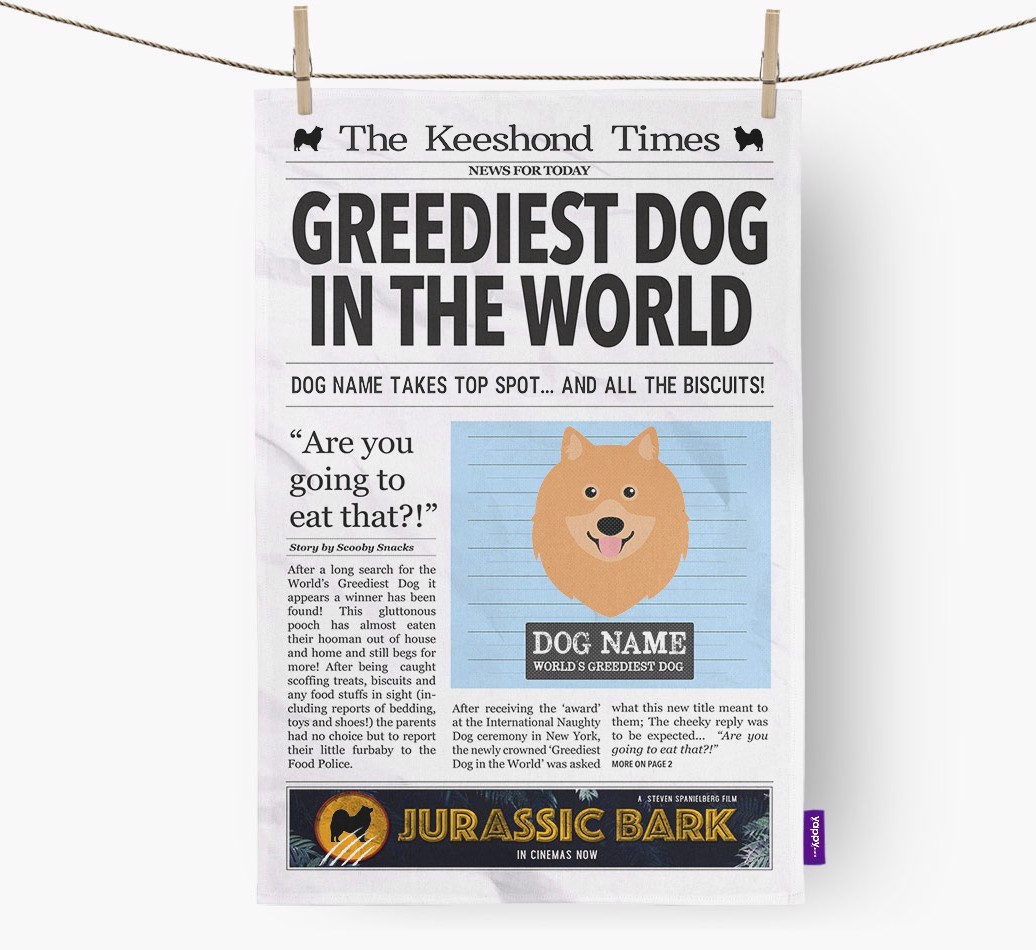 The {breedShortName} Times 'Greediest Dog In The World' Personalised Tea Towel