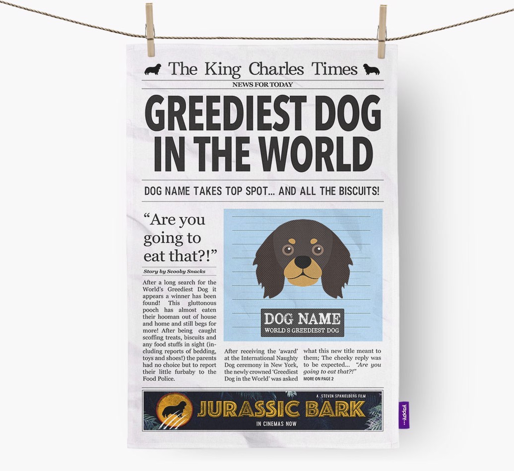 The {breedShortName} Times 'Greediest Dog In The World' Personalised Tea Towel