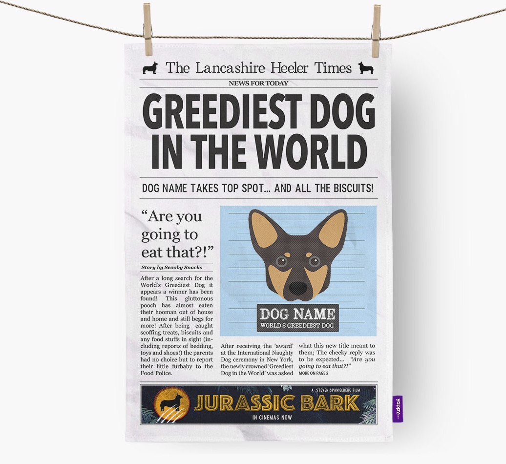 The {breedShortName} Times 'Greediest Dog In The World' Personalised Tea Towel
