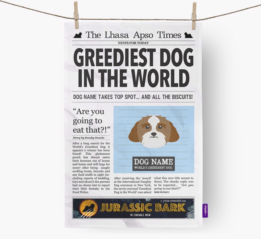 The {breedShortName} Times 'Greediest Dog In The World' Personalised Tea Towel