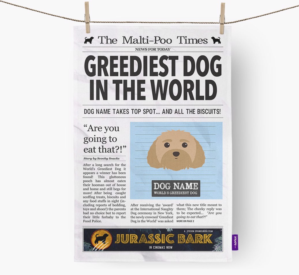 The {breedShortName} Times 'Greediest Dog In The World' Personalised Tea Towel