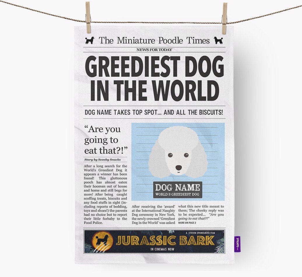 The {breedShortName} Times 'Greediest Dog In The World' Personalised Tea Towel