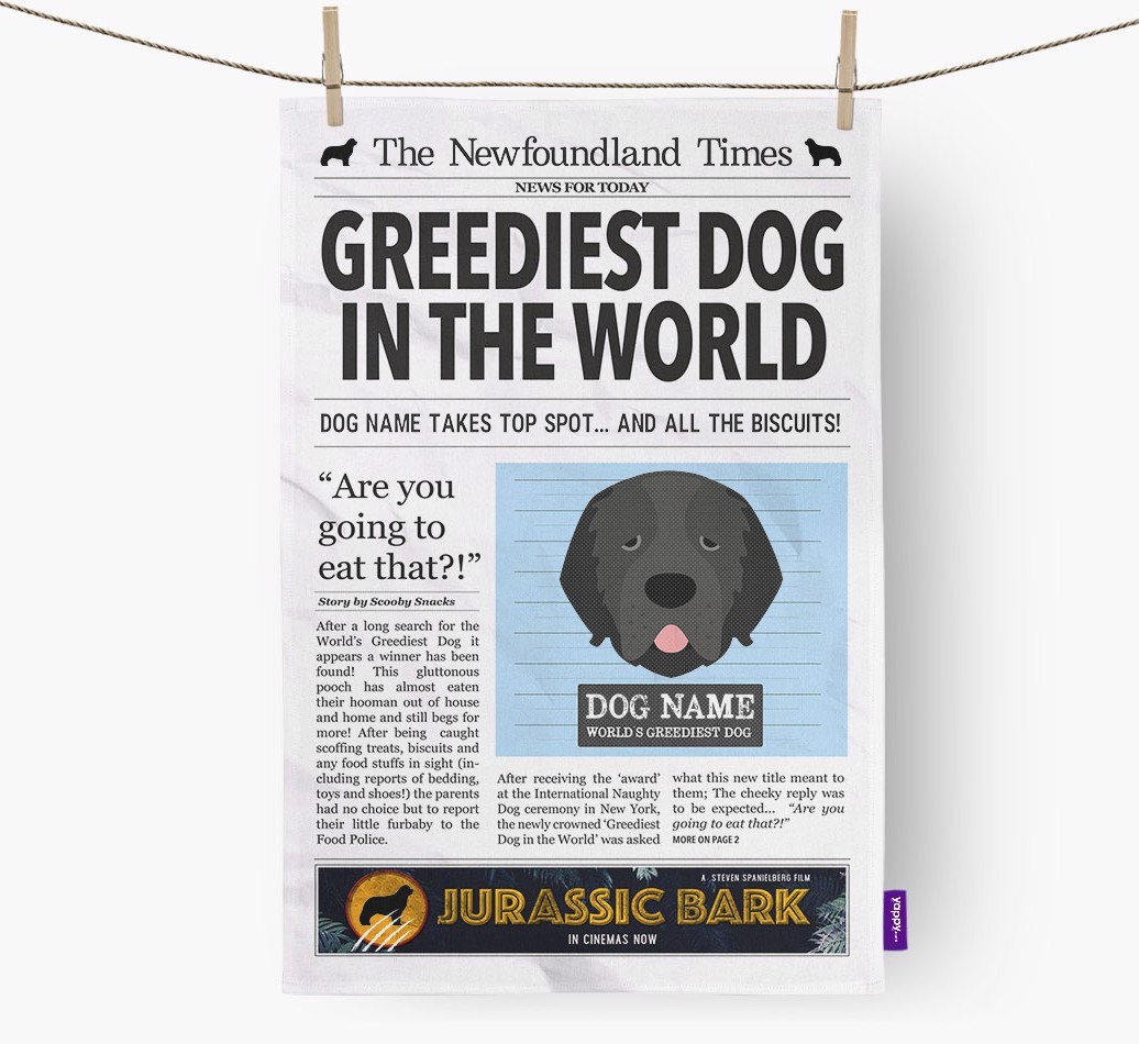 The {breedShortName} Times 'Greediest Dog In The World' Personalised Tea Towel