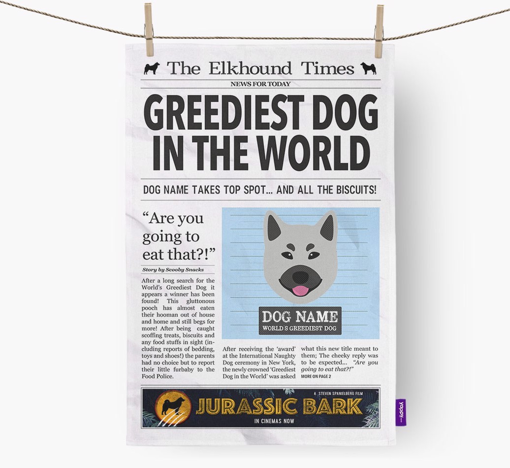 The {breedShortName} Times 'Greediest Dog In The World' Personalised Tea Towel
