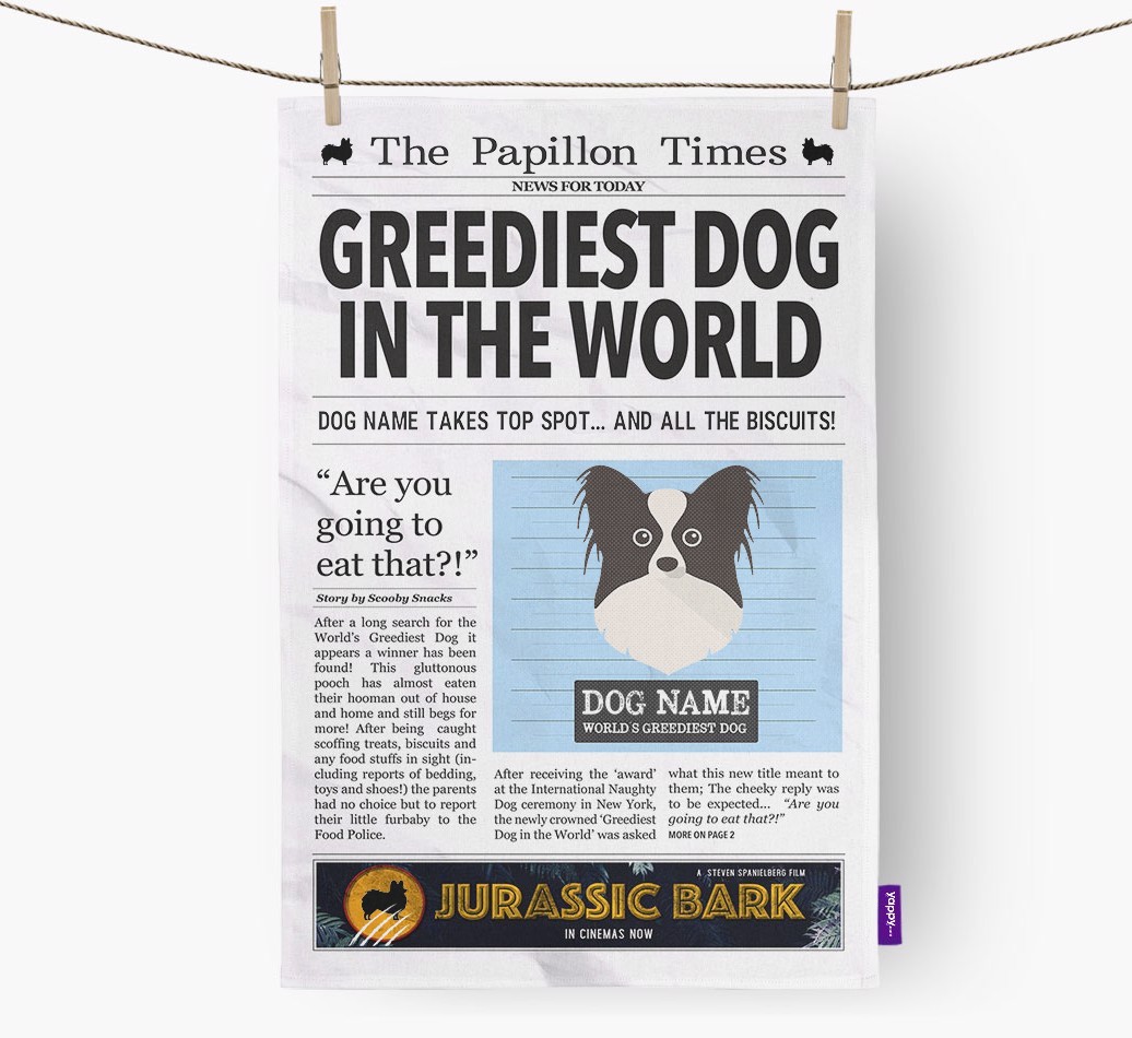 The {breedShortName} Times 'Greediest Dog In The World' Personalised Tea Towel
