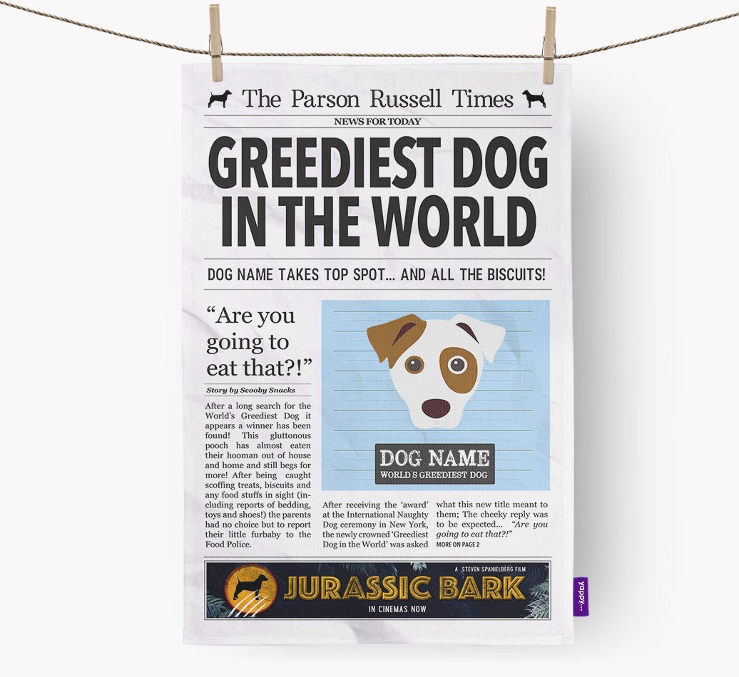 The {breedShortName} Times 'Greediest Dog In The World' Personalised Dish Towel