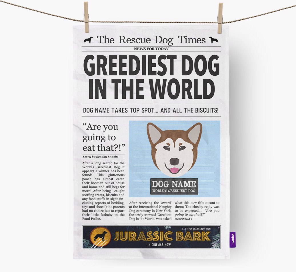 The {breedShortName} Times 'Greediest Dog In The World' Personalised Dish Towel