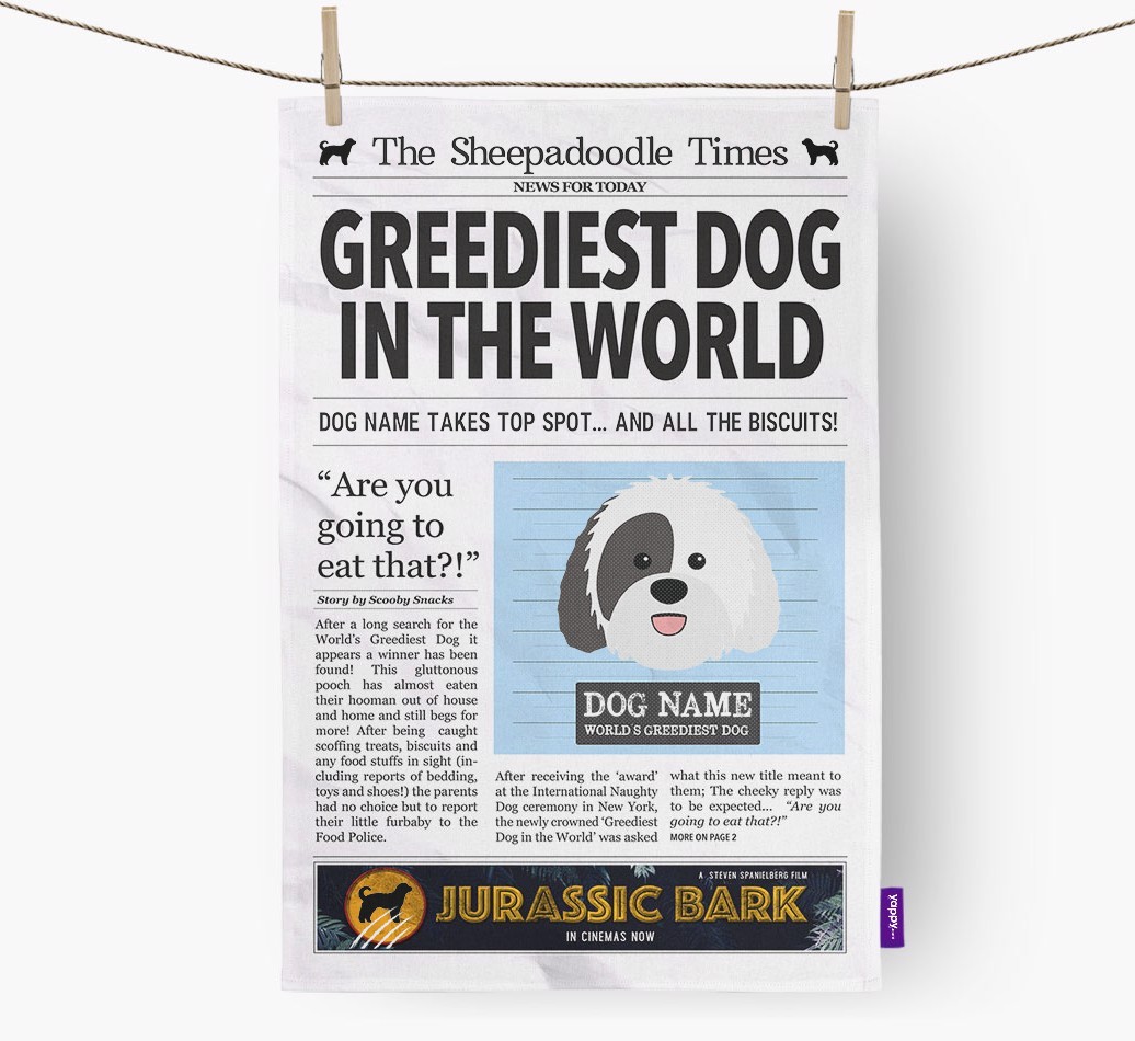 The {breedShortName} Times 'Greediest Dog In The World' Personalised Tea Towel
