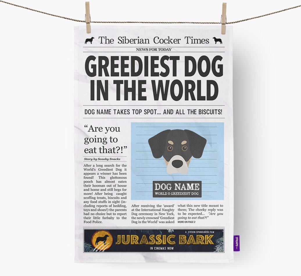 The {breedShortName} Times 'Greediest Dog In The World' Personalised Tea Towel