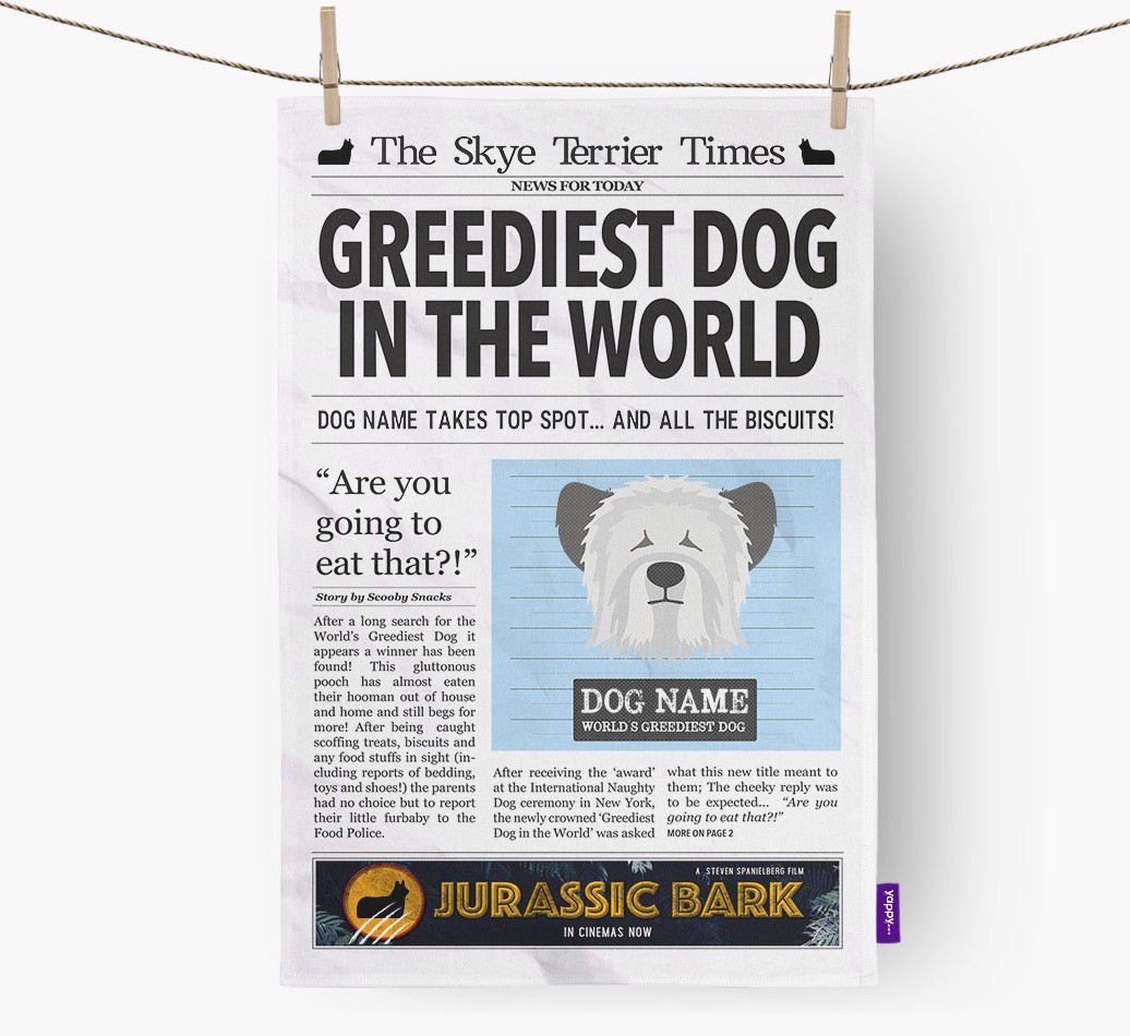 The {breedShortName} Times 'Greediest Dog In The World' Personalised Tea Towel
